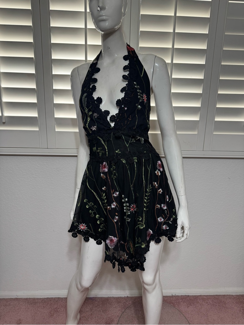 New 2xl black lace embroidered floral short dress festival rave boho cottage cor